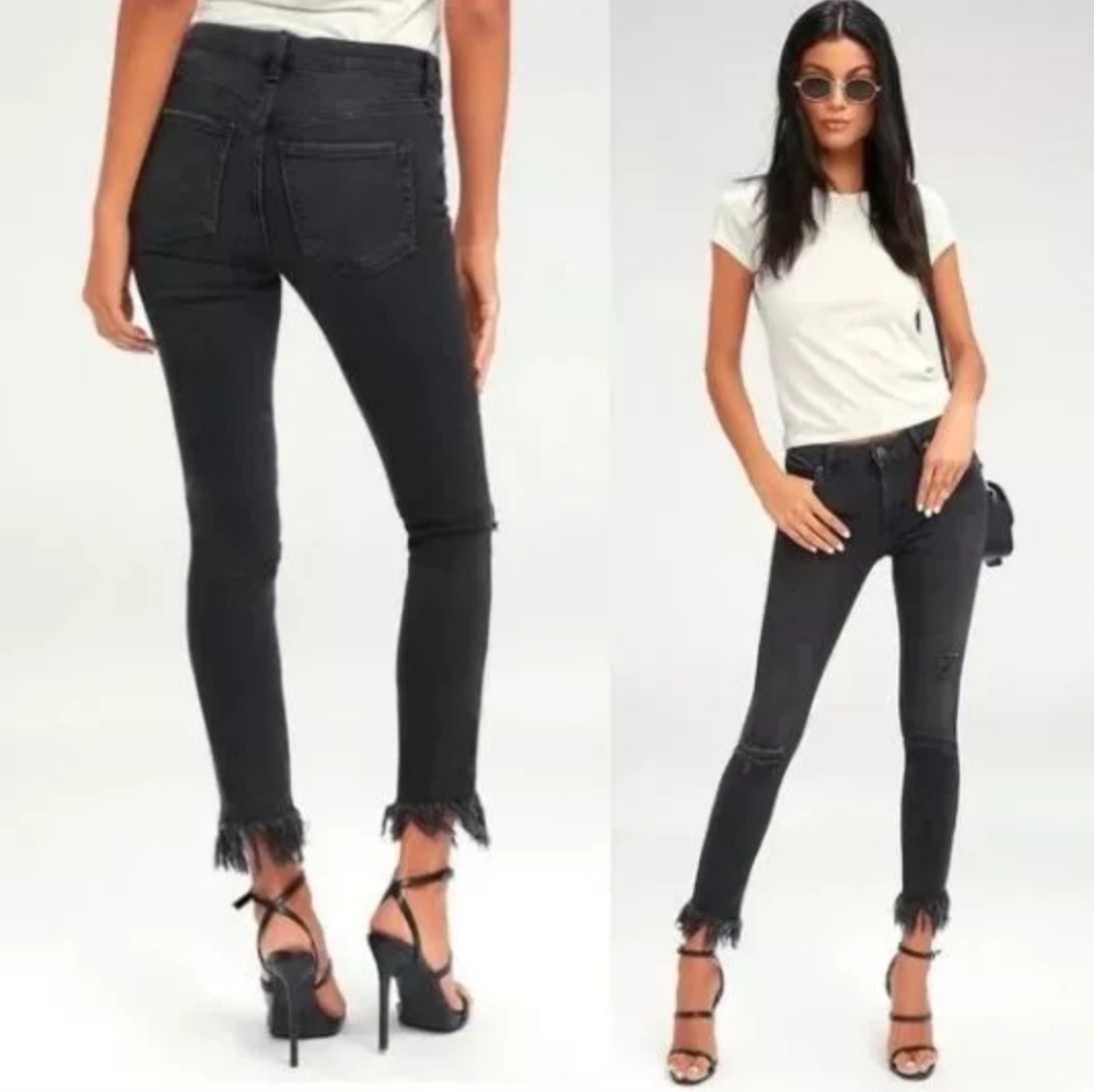 Free People Jeans Womens Size 26 Raw Hem Fringe Skinny Mid Rise Boho Ankle Chic